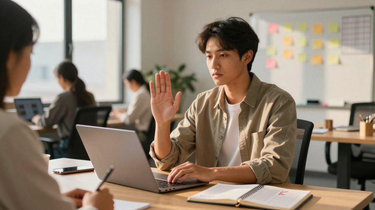 Jovem a levantar a mão durante reunião online num escritório moderno com colegas a trabalhar ao fundo.