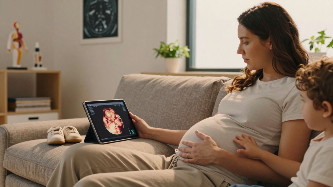 Mulher grávida sentada no sofá com criança ao lado, olhando para ecografia do bebé num tablet.