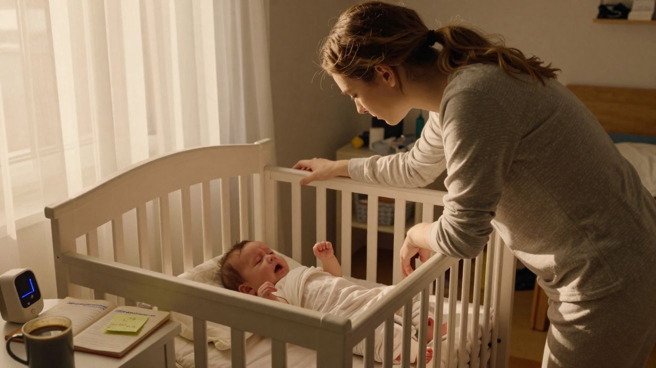 Mãe inclina-se sobre berço para confortar bebé que está a chorar durante a noite.