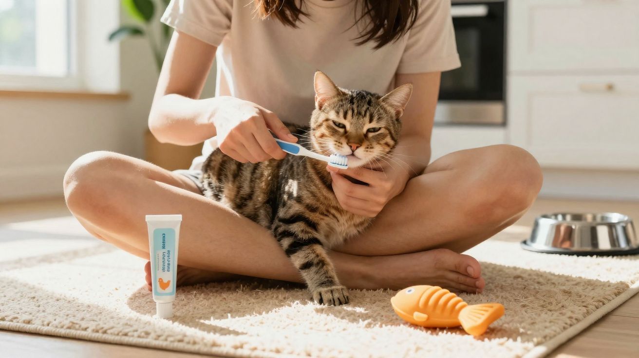 Pessoa sentada no chão escova os dentes de um gato sentado em seu colo.