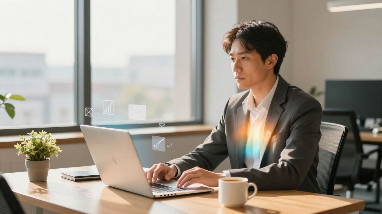 Homem de negócios a trabalhar num portátil numa mesa de escritório com caneca e planta decorativa.