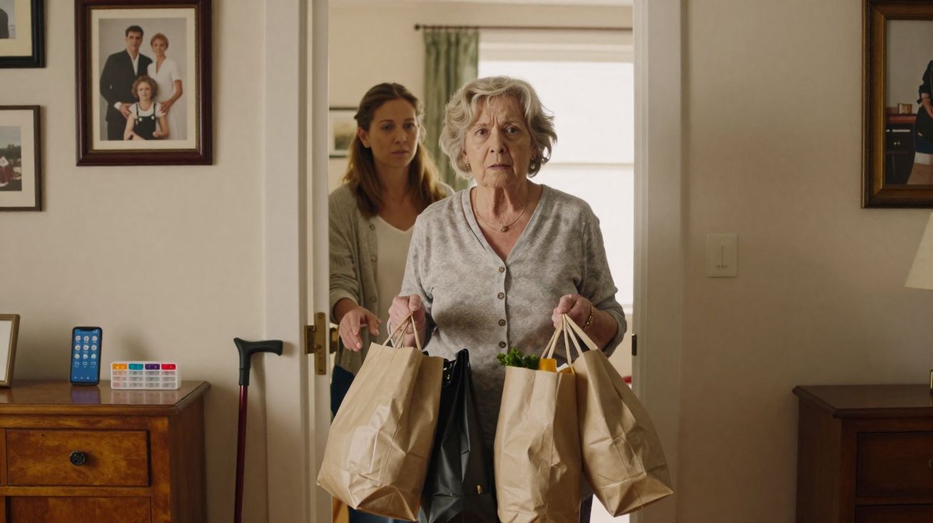 Mulher idosa com sacos de compras de papel, seguida por mulher mais jovem, entrada de casa com mobília tradicional.