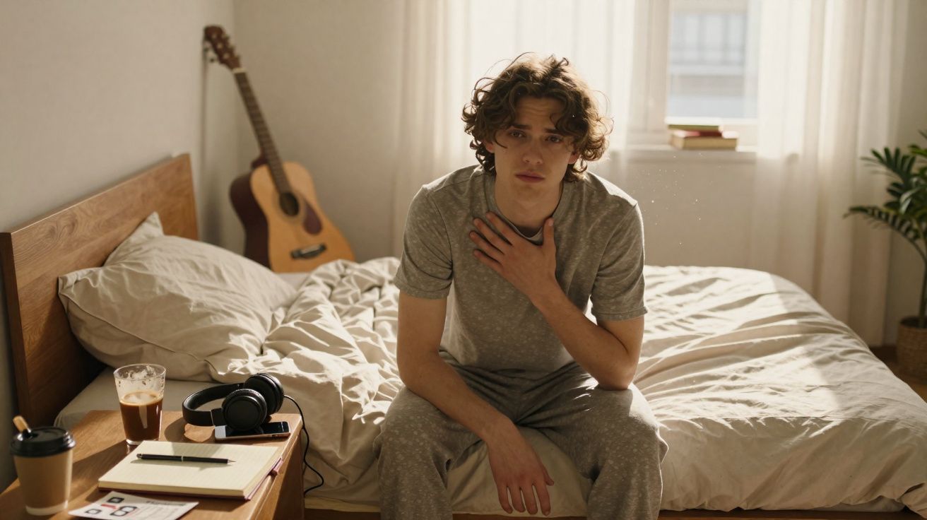 Jovem sentado na cama de um quarto claro, com expressão preocupada, mão no pescoço e guitarra ao fundo.