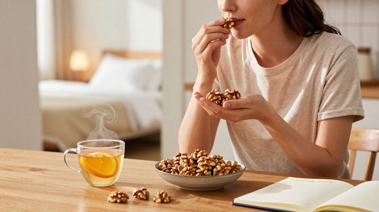 Pessoa a comer nozes numa tigela, com chá e um caderno numa mesa de madeira.
