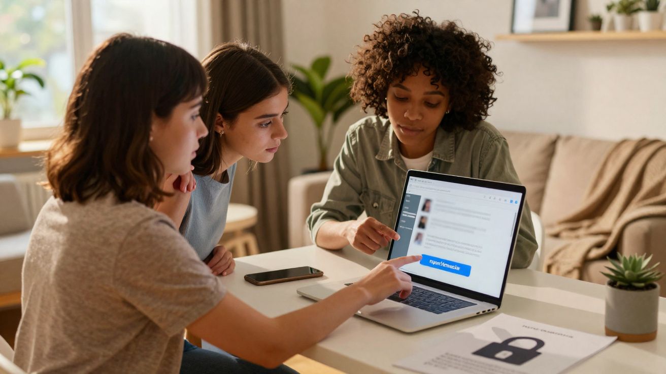 Três mulheres sentadas à mesa, a colaborar e a analisar informações num computador portátil.