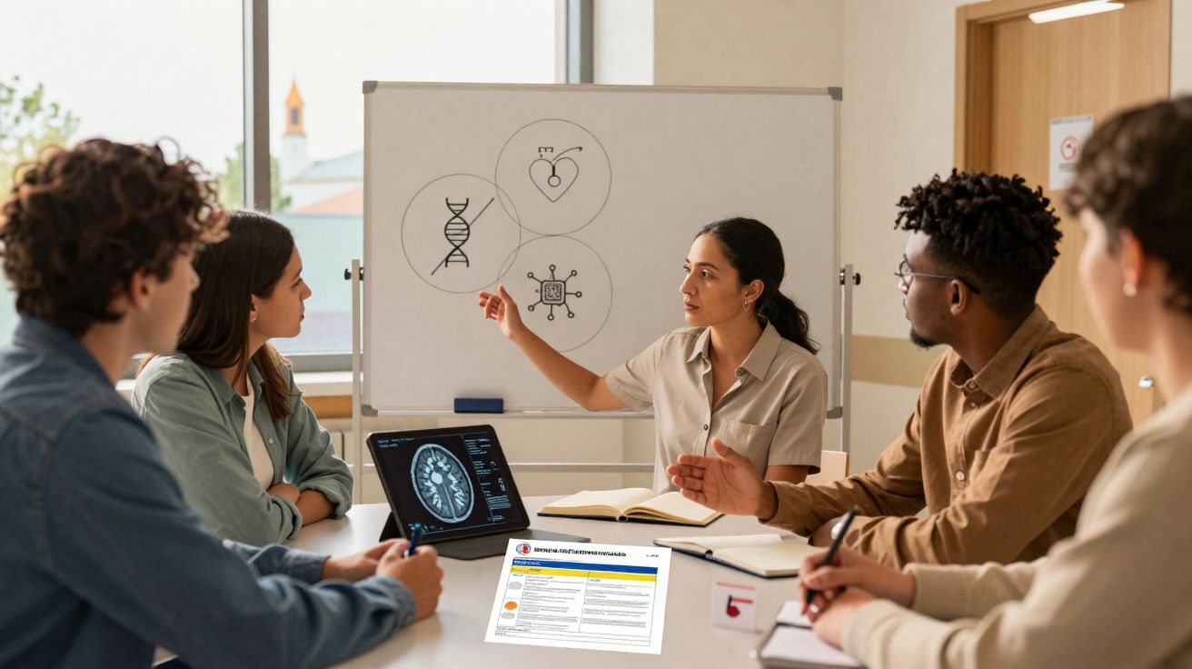 Grupo de cinco pessoas em reunião, com mulher a apontar para quadro branco com diagramas científicos.