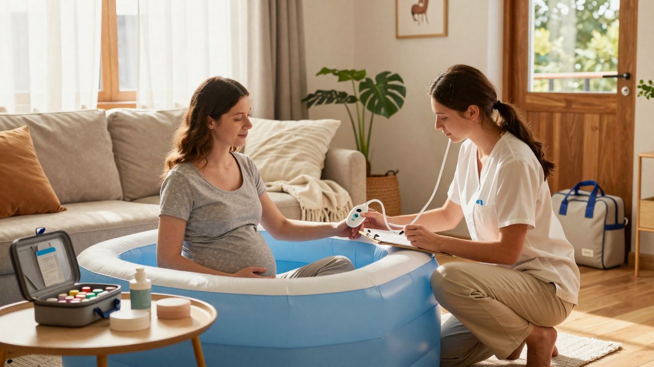 Mulher grávida sentada numa banheira insuflável com uma profissional de saúde a medir seus sinais vitais.