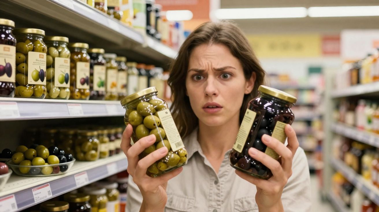 Mulher numa mercearia segurando dois frascos de azeitonas, com expressão de dúvida.