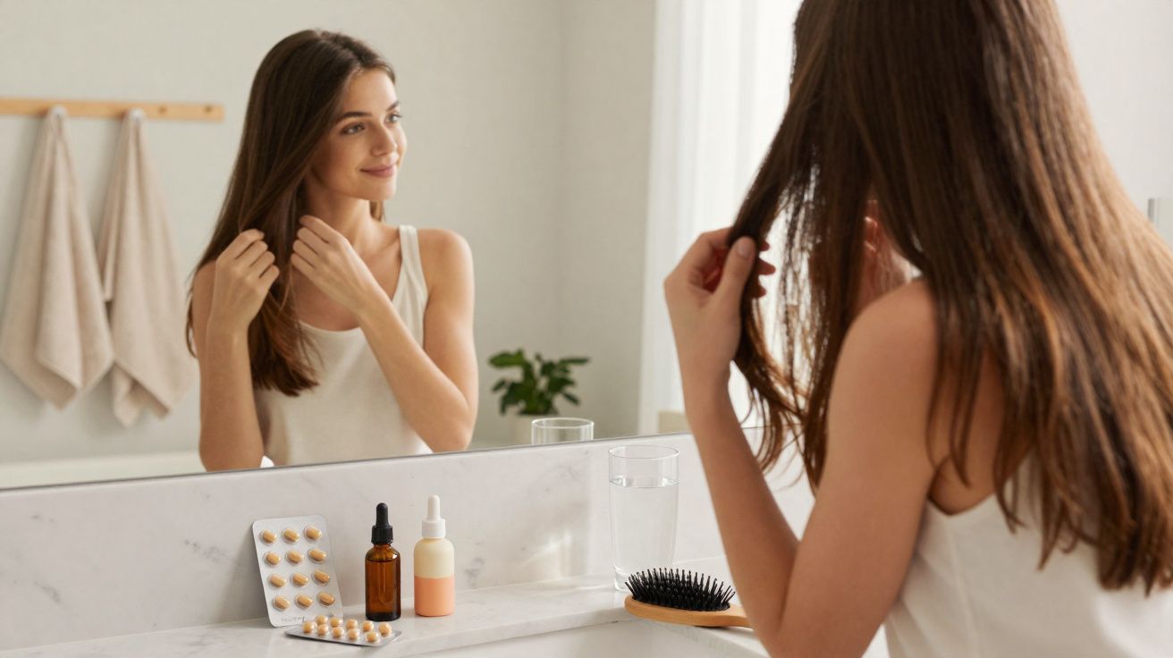 Mulher a olhar-se ao espelho e a cuidar do cabelo numa casa de banho com produtos e escova em cima da bancada.