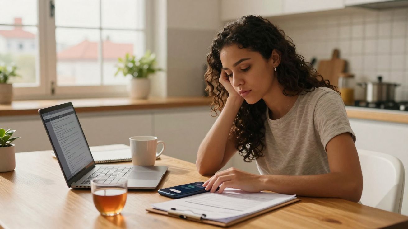 Mulher sentada numa mesa a olhar para o telemóvel com laptop e documentos numa cozinha iluminada.