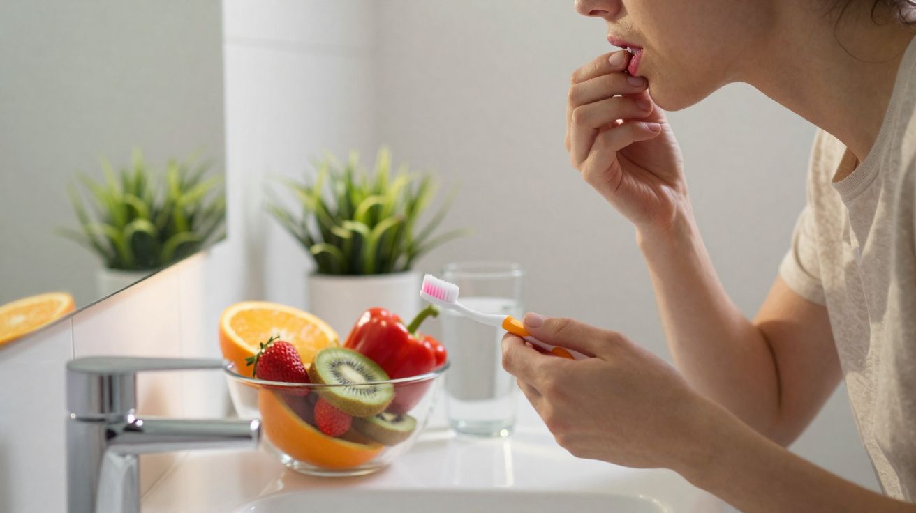 Pessoa a usar fio dentário junto a lava-louças com escova de dentes, frutas e planta decorativa.
