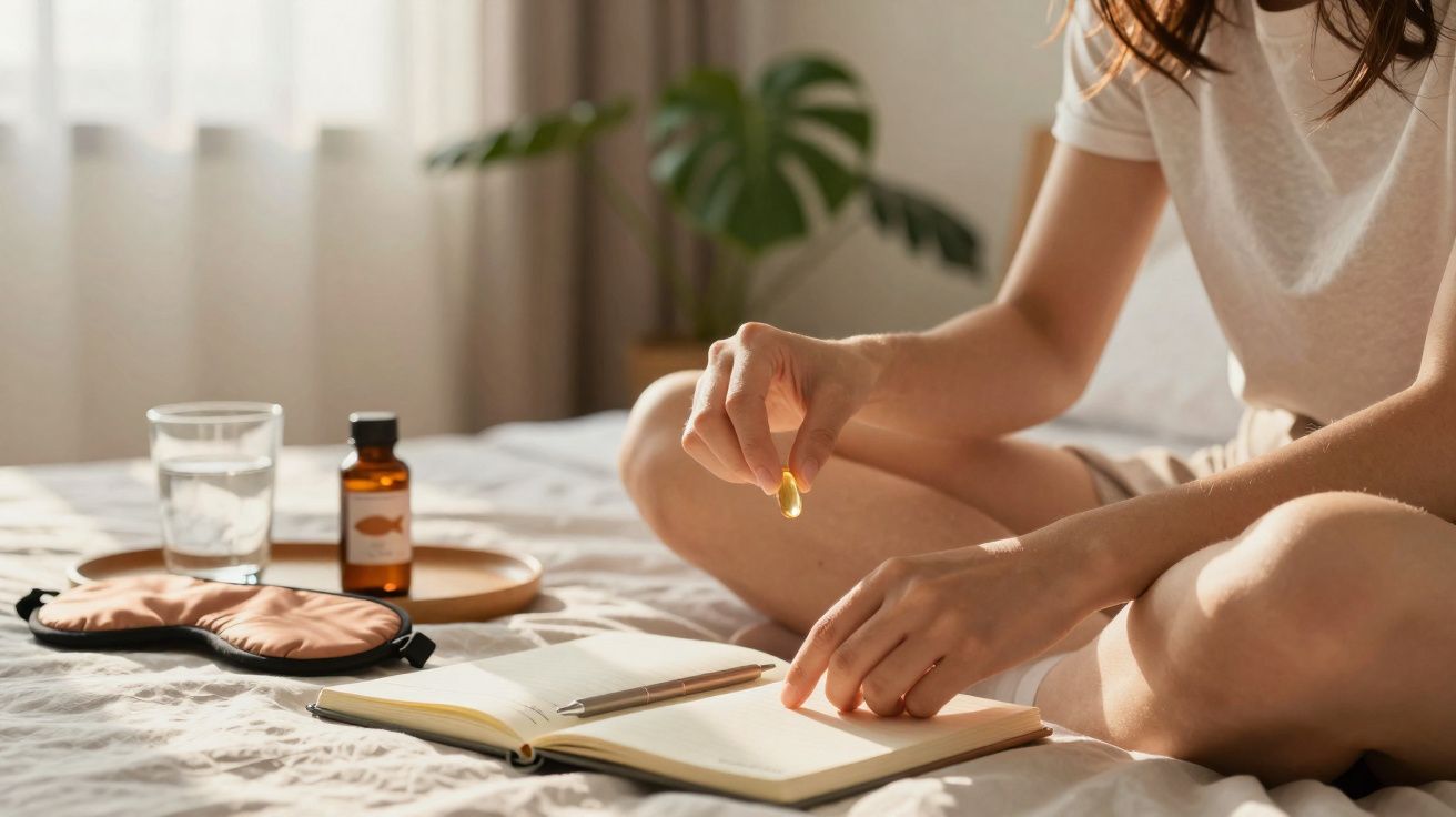 Pessoa sentada na cama a segurar um suplemento, perto de garrafa, copo de água e caderno aberto.