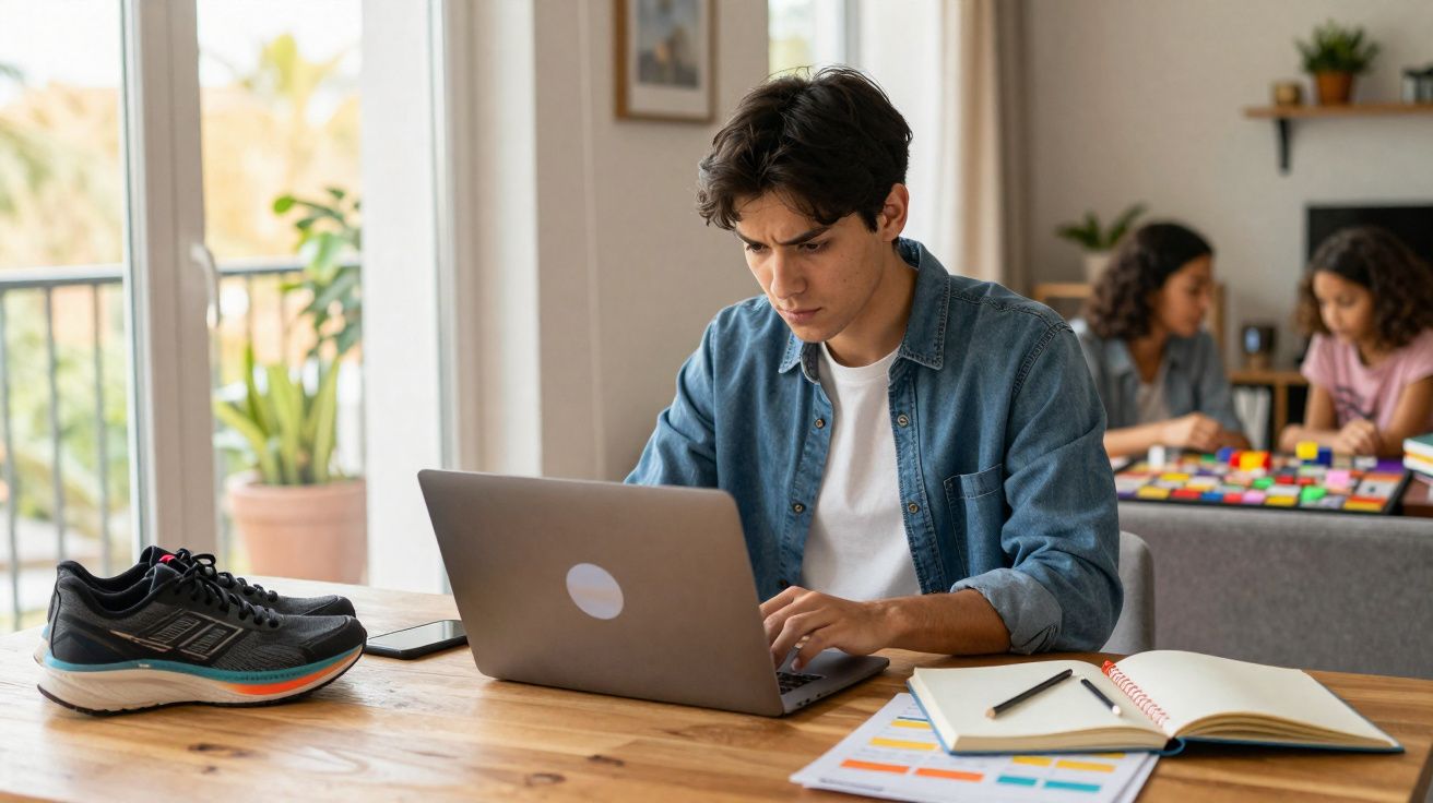 Homem jovem a trabalhar num portátil numa mesa com cadernos e ténis, enquanto duas mulheres jogam ao fundo.