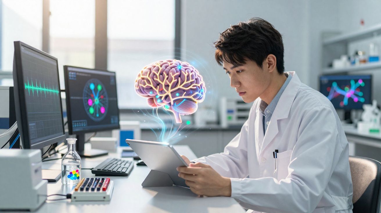 Cientista em laboratório a analisar dados digitais com imagem holográfica de cérebro flutuante.