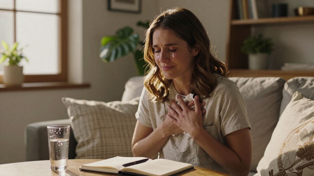Mulher sentada no sofá com lágrimas no rosto, mãos no peito, próximo a um caderno e um copo de água.