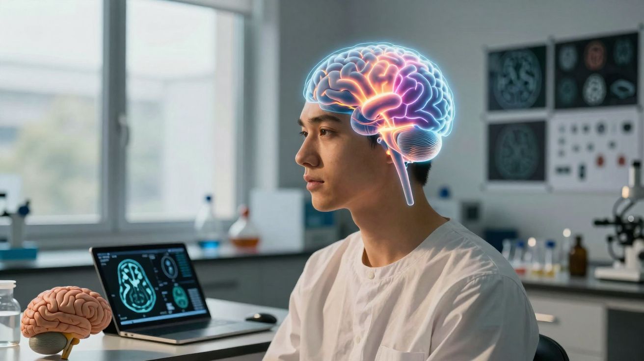 Homem em bata branca com ilustração digital de cérebro a estudar imagens cerebrais num laboratório.