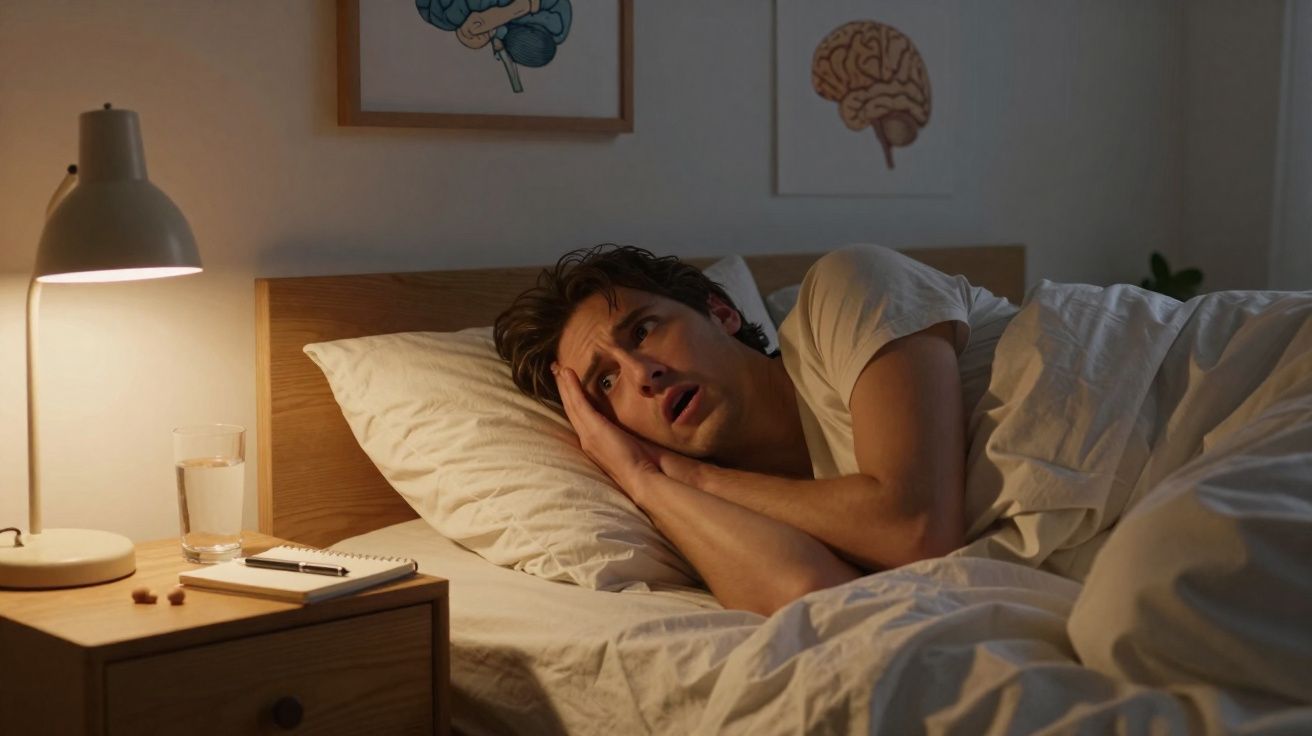 Homem deitado na cama com expressão cansada e ansiosa, ao lado de medicamentos e copo de água na mesa de cabeceira.