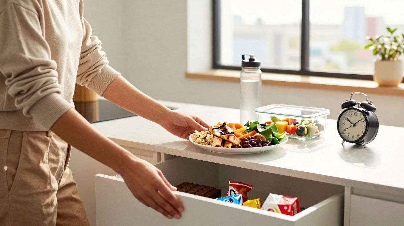Pessoa a guardar prato com comida saudável numa cozinha moderna, com garrafa, caixa e relógio no balcão.