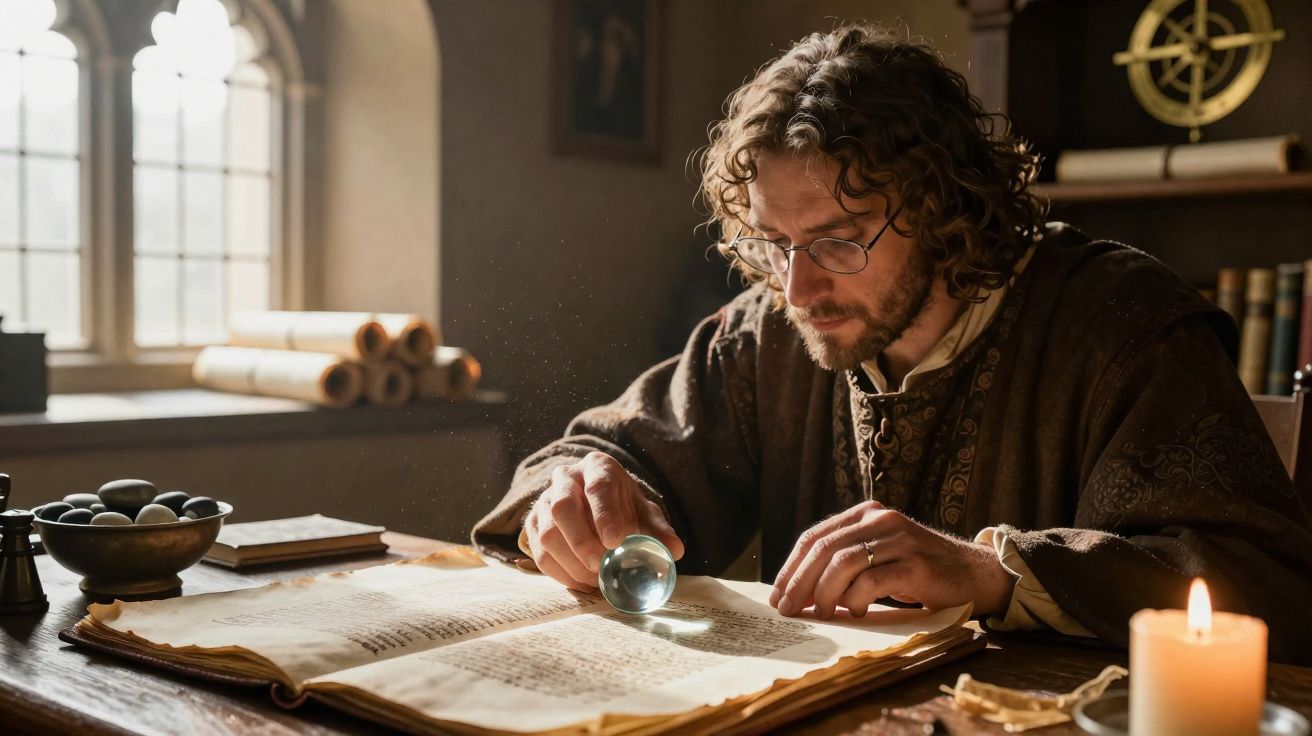 Homem com roupa antiga a estudar manuscrito antigo usando lente de aumento numa sala iluminada por vela.
