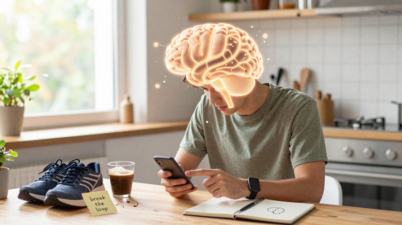 Pessoa sentada na cozinha a olhar para o telemóvel, com ilustração digital de cérebro acima da cabeça.