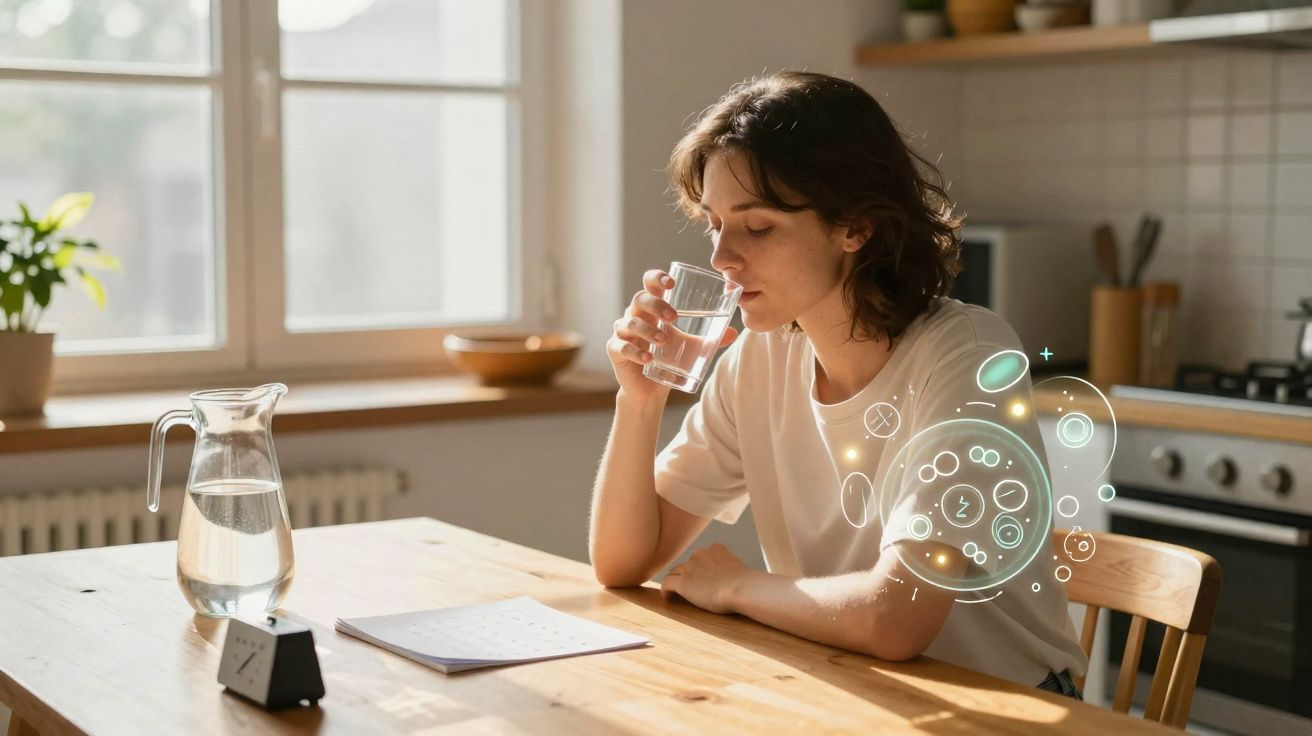 Mulher a beber água numa cozinha luminosa, sentada à mesa com jarro de água e documento à sua frente.