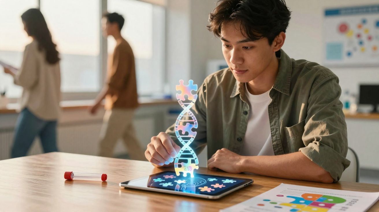Jovem a interagir com representação holográfica de DNA em forma de puzzles numa mesa com tablet.