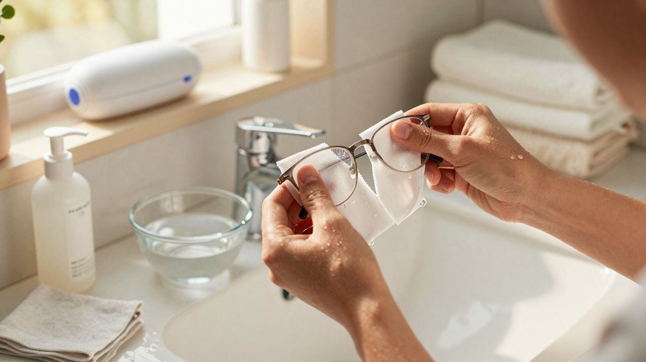 Pessoa a limpar óculos com pano junto a pia de casa de banho iluminada.