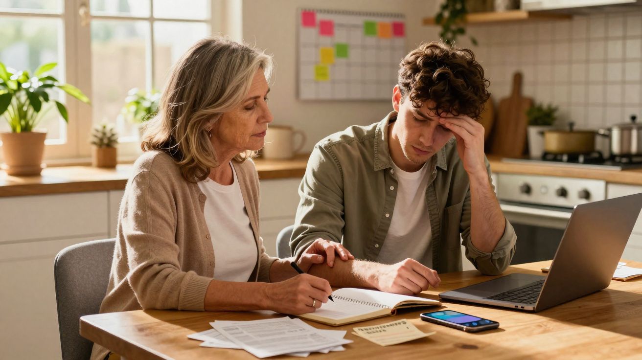 Mulher consola jovem preocupado enquanto trabalham em documentos numa cozinha iluminada.