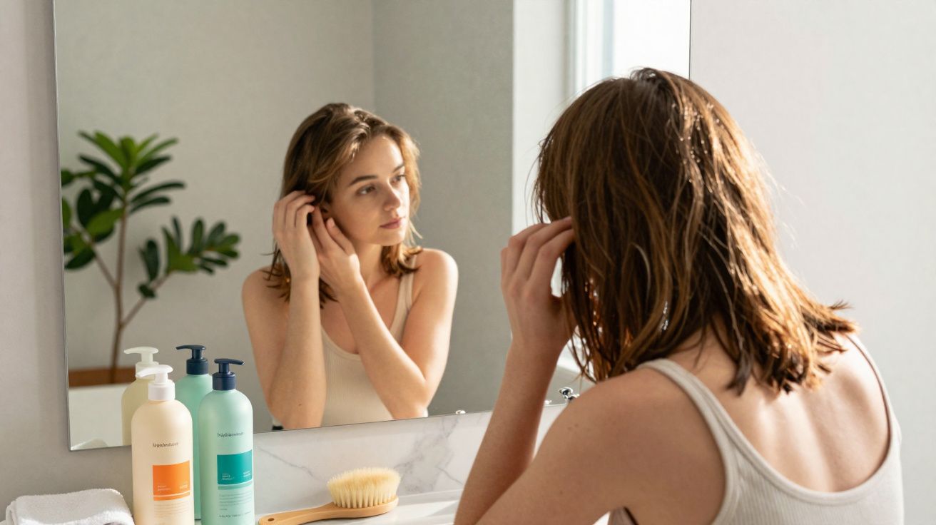 Mulher jovem arrumando o cabelo em frente a espelho numa casa de banho minimalista com plantas.