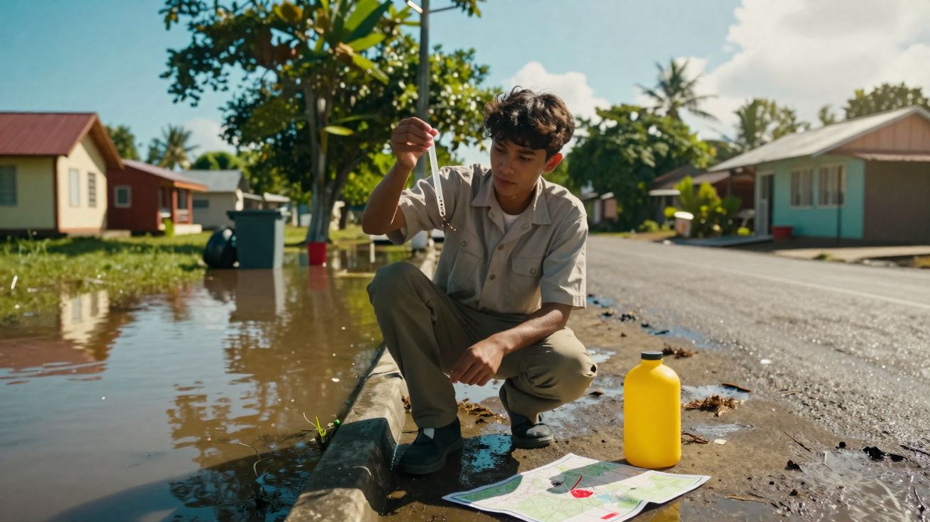 Jovem sentado junto a uma sarjeta cheia de água, segurando um medidor de profundidade numa rua alagada.