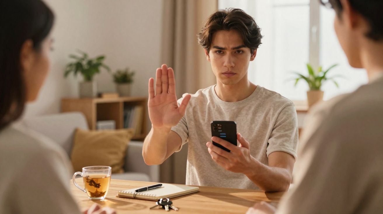 Jovem a segurar um telemóvel na mão e a levantar a outra mão em gesto de recusa numa mesa com chá e caderno.