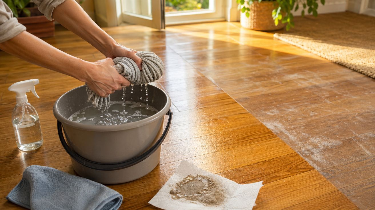 Mãos torcendo um esfregão molhado sobre um balde com água para limpar chão de madeira sujo.