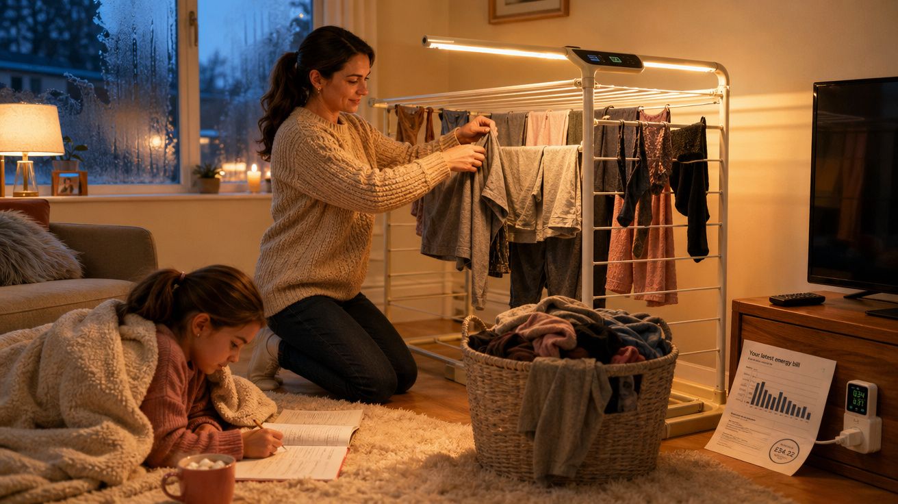 Mulher a estender roupa num estendal interior enquanto criança lê deitada sob manta num tapete.