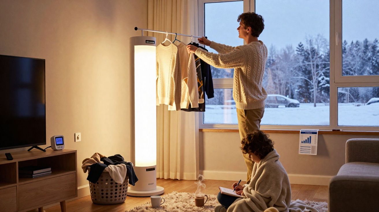 Pessoa pendura roupa junto a janela com neve, enquanto outra criança escreve sentada no chão junto a duas bebidas quentes.