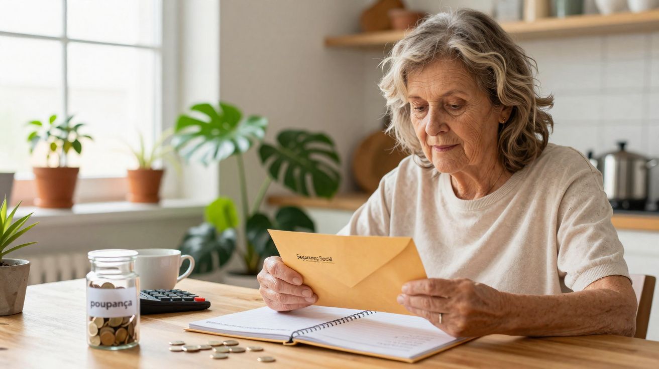 Mulher idosa sentada à mesa, a ler carta sobre finanças, com moedas e frasco etiquetado "poupança".