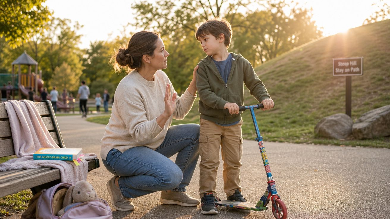 Mulher ajoelhada a falar com menino de pé num patinete num parque durante o pôr do sol.
