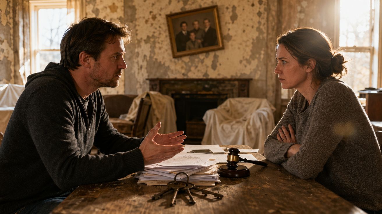 Homem e mulher sentados frente a frente numa mesa com papéis, chaves e um martelo de juiz, num ambiente rústico.