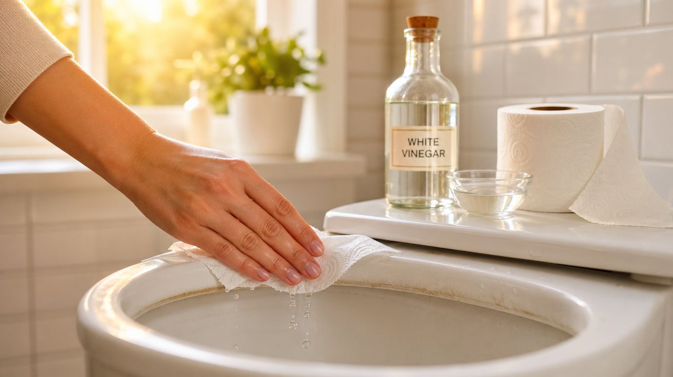 Mão a limpar a sanita com papel húmido, com vinagre branco e rolo de papel na bancada ao lado.