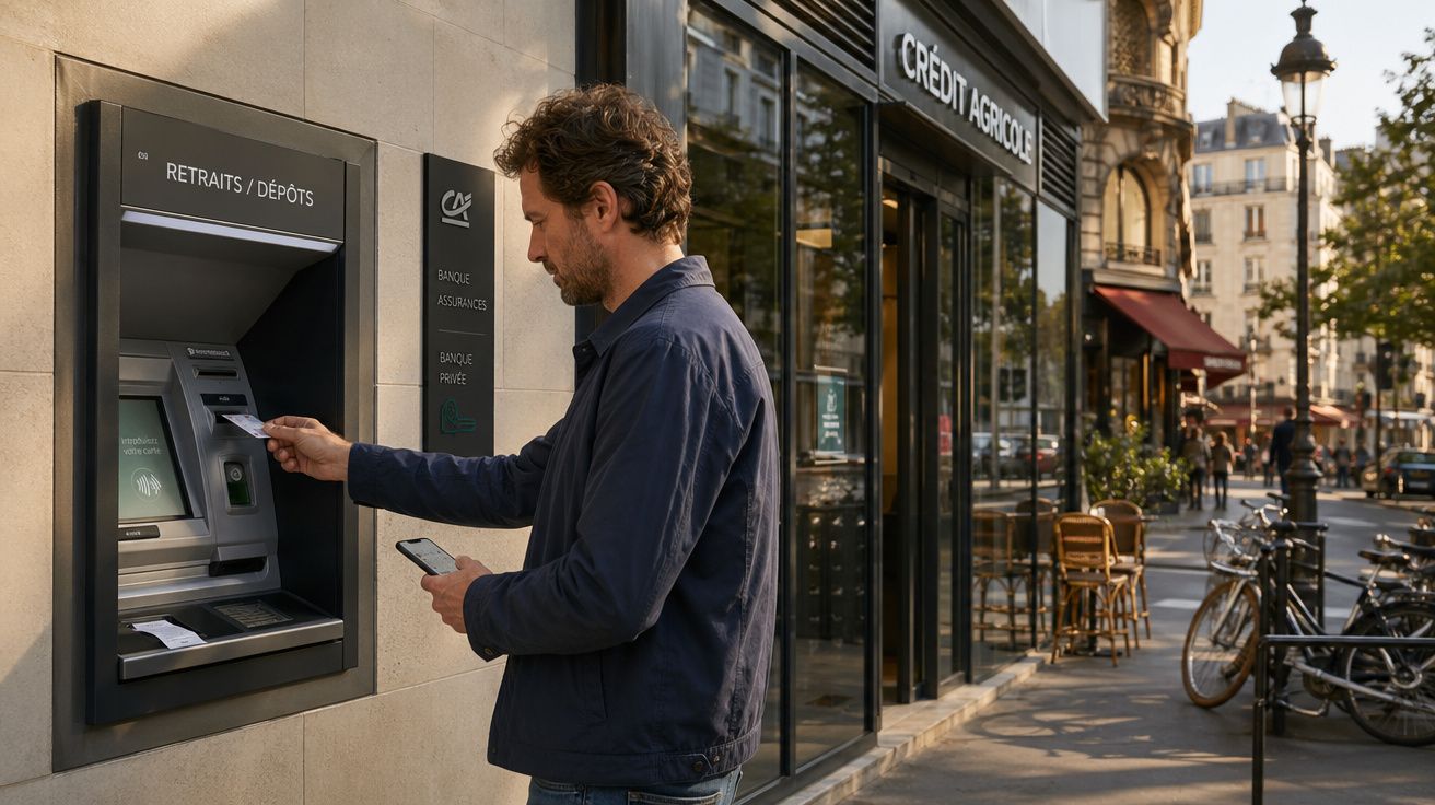 Homem a levantar dinheiro num multibanco numa rua urbana com bicicletas e esplanada ao lado.