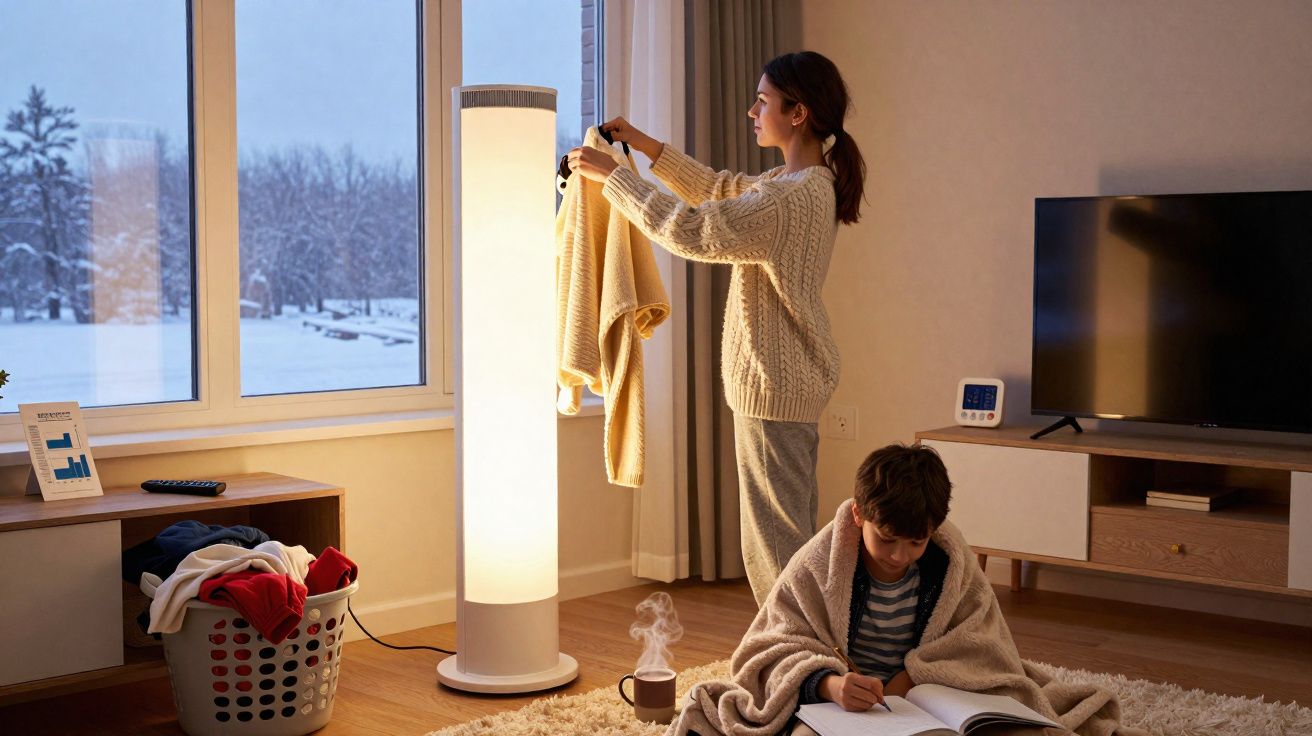 Mulher a pendurar roupa junto a candeeiro e criança enrolada em manta a ler dentro de casa no inverno.