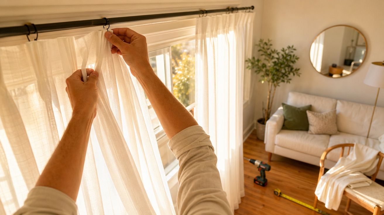 Mãos a pendurar cortinas brancas num varão junto a uma janela, sala luminosa com sofá e decoração moderna.