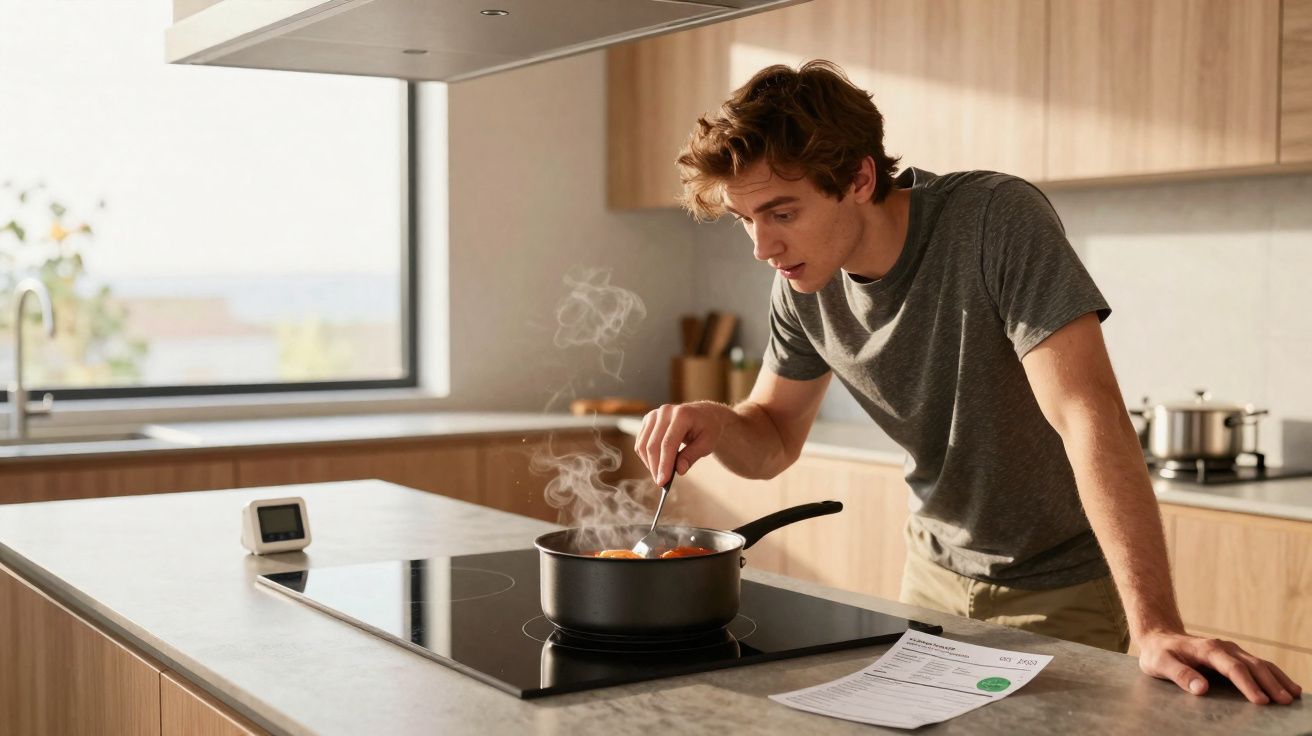 Homem jovem a cozinhar e a mexer uma panela com sopa fumegante numa cozinha moderna e luminosa.