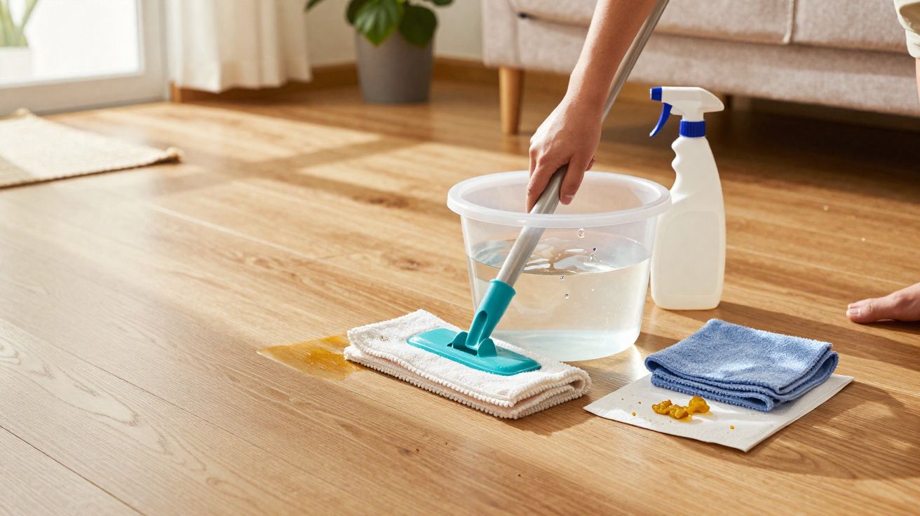 Pessoa a limpar chão de madeira com esfregona, balde de água e produtos de limpeza ao lado.