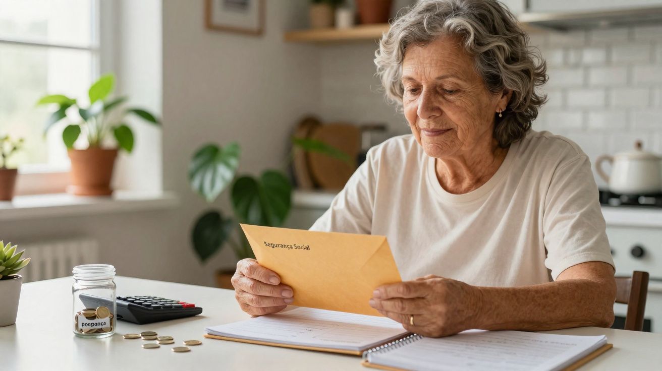 Senhora idosa lê carta da Segurança Social sentada à mesa com moedas, jarro de poupança e calculadora.