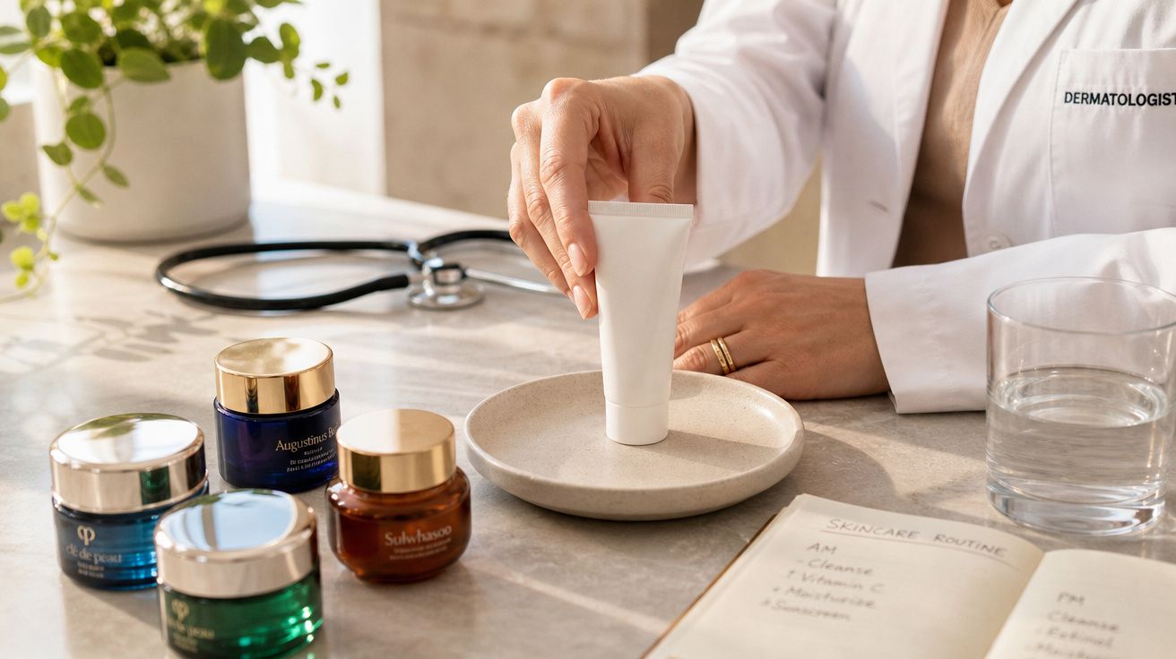Dermatologista segura tubo de creme ao lado de vários frascos de cosméticos e caderno com rotina de cuidados.
