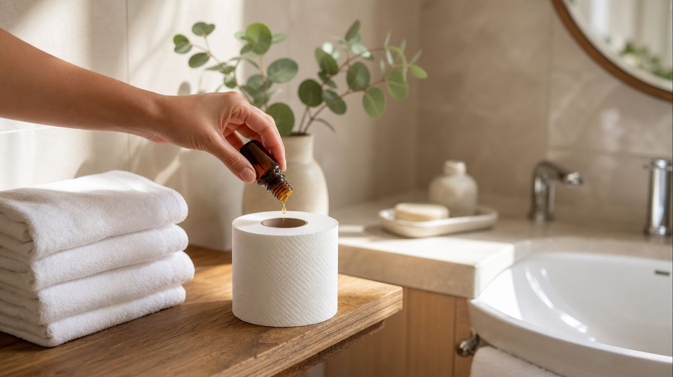 Mão a colocar gotas de óleo essencial num rolo de papel higiénico sobre uma bancada com toalhas e vaso com plantas.
