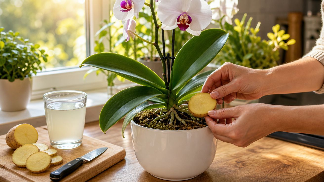 Mãos a aplicar batata fatiada na terra de uma orquídea branca numa sala iluminada pela luz natural.