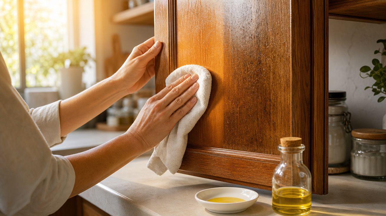 Mãos a limpar a porta de madeira de um armário da cozinha com um pano branco.