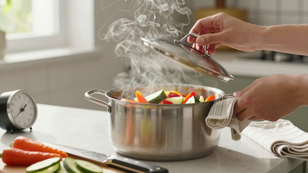Panela de inox com legumes frescos a cozinhar, tampa a ser levantada, vapor a sair na cozinha iluminada.